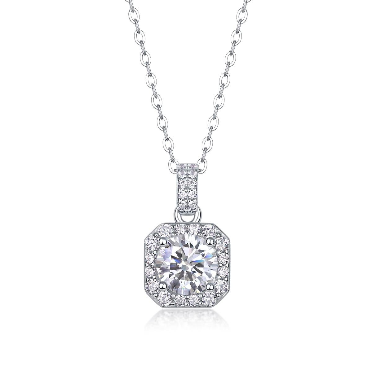 Fifty8 Square Moissanite Pendant Necklace, 925 Sterling Silver, CZ Halo, Dawn Light