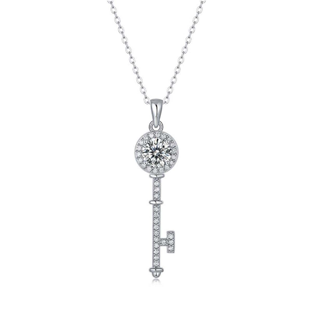 Fifty8 1ct DEW Moissanite Key Pendant Necklace, 925 Sterling Silver, Key to the Heart